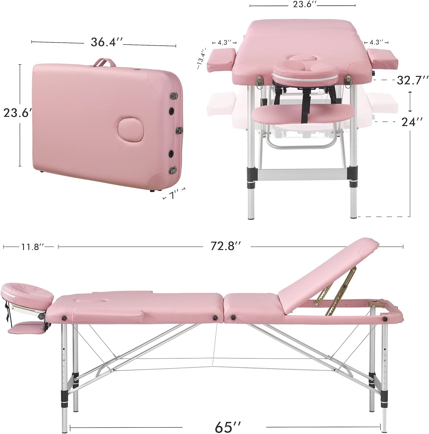 Pink 3 Section Reclining Folding Massage Table