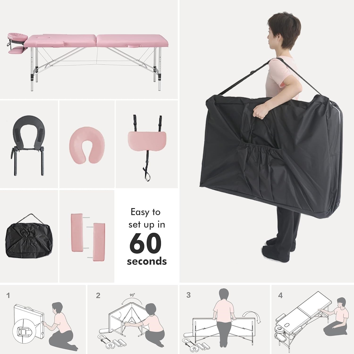 Pink 3 Section Reclining Folding Massage Table
