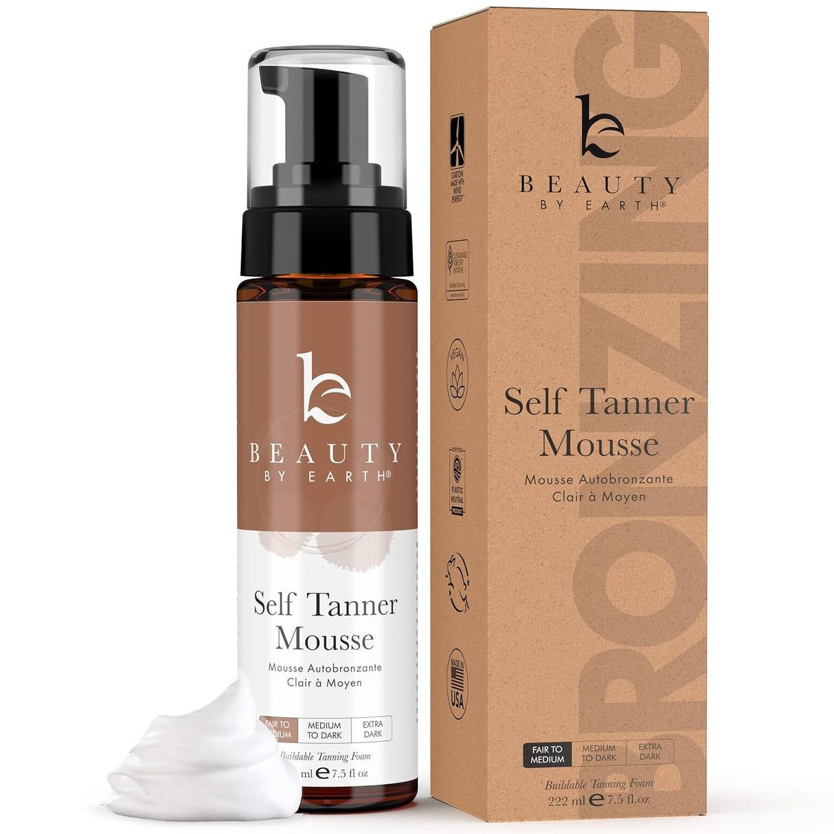 Beauty by Earth Large 7.5 oz Self Tanner Body Tanning Mousse - Fair to Medium
