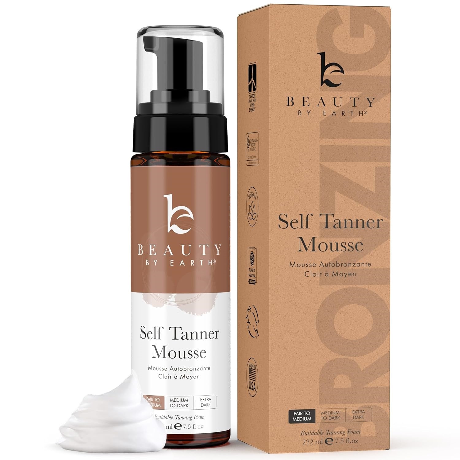 Beauty by Earth Large 7.5 oz Self Tanner Body Tanning Mousse - Fair to Medium