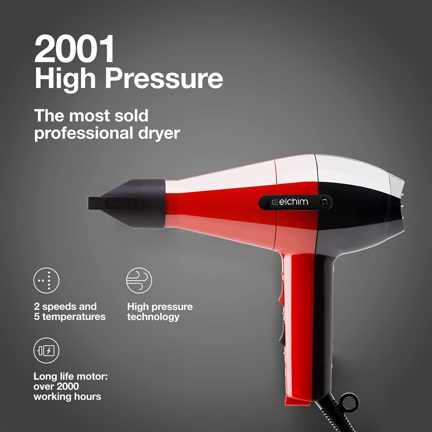 Elchim 2001 High Pressure Hair Dryer - Red & Black