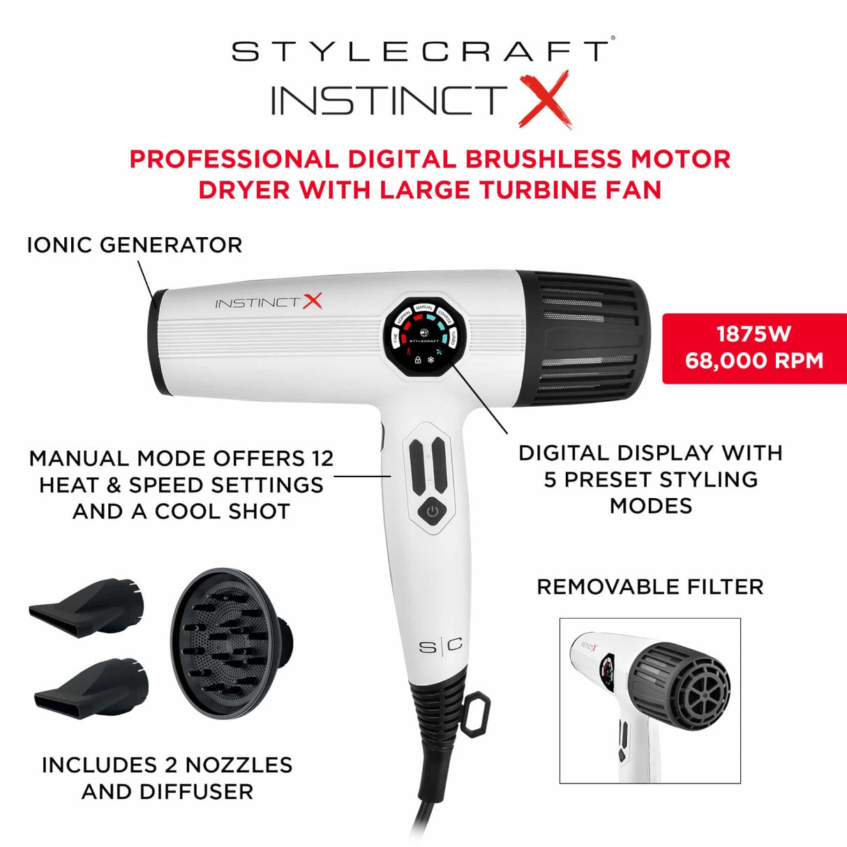 StyleCraft SC105 Instinct X Professional Hair Dryer w/ Brushless Motor & Digital Display