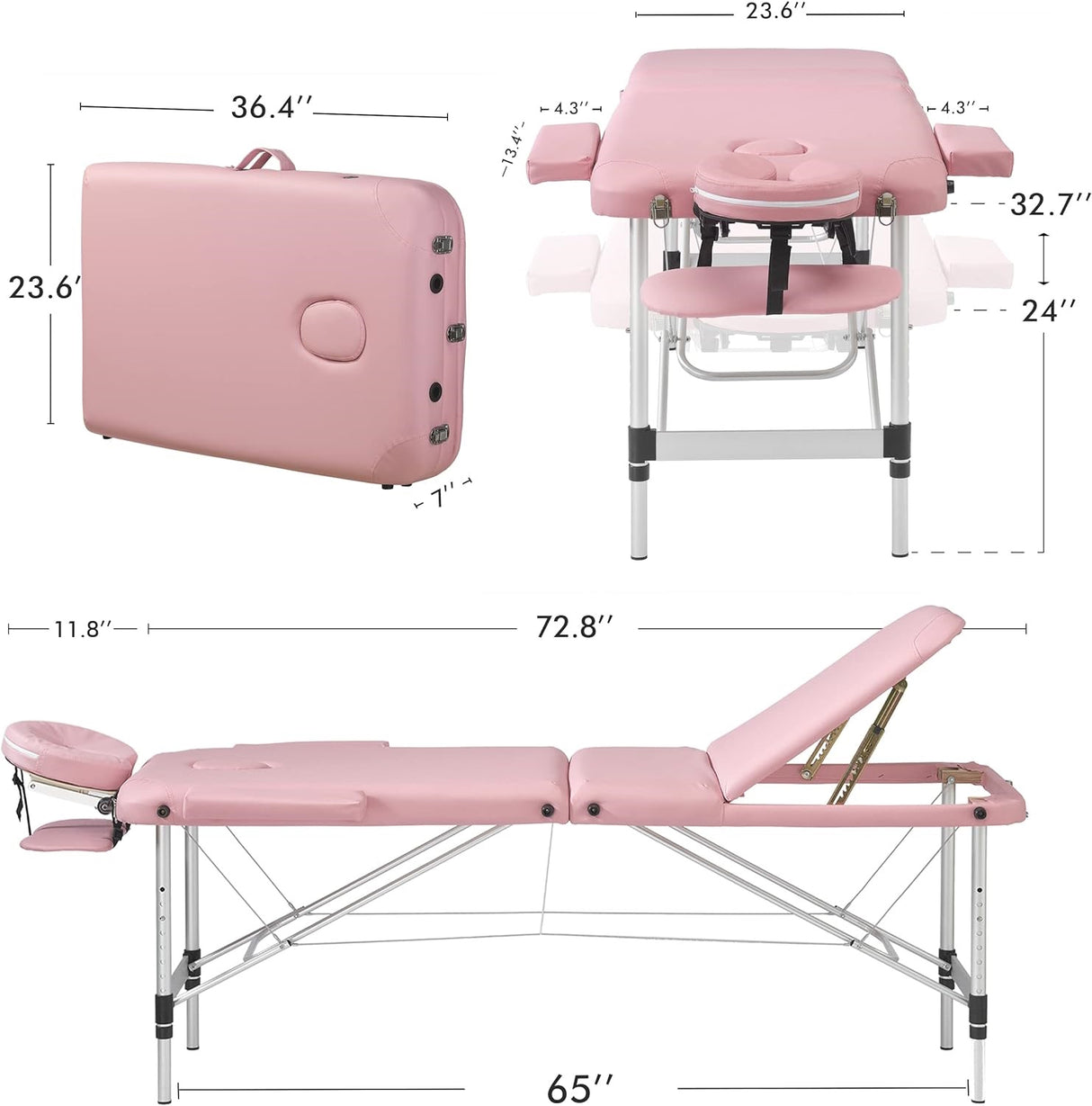 Pink 3 Section Reclining Folding Massage Table 